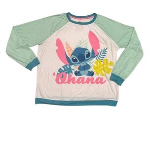 Disney Parks Ohana Stitch Pajama Long Sleeve Tee - Green and Pink XL